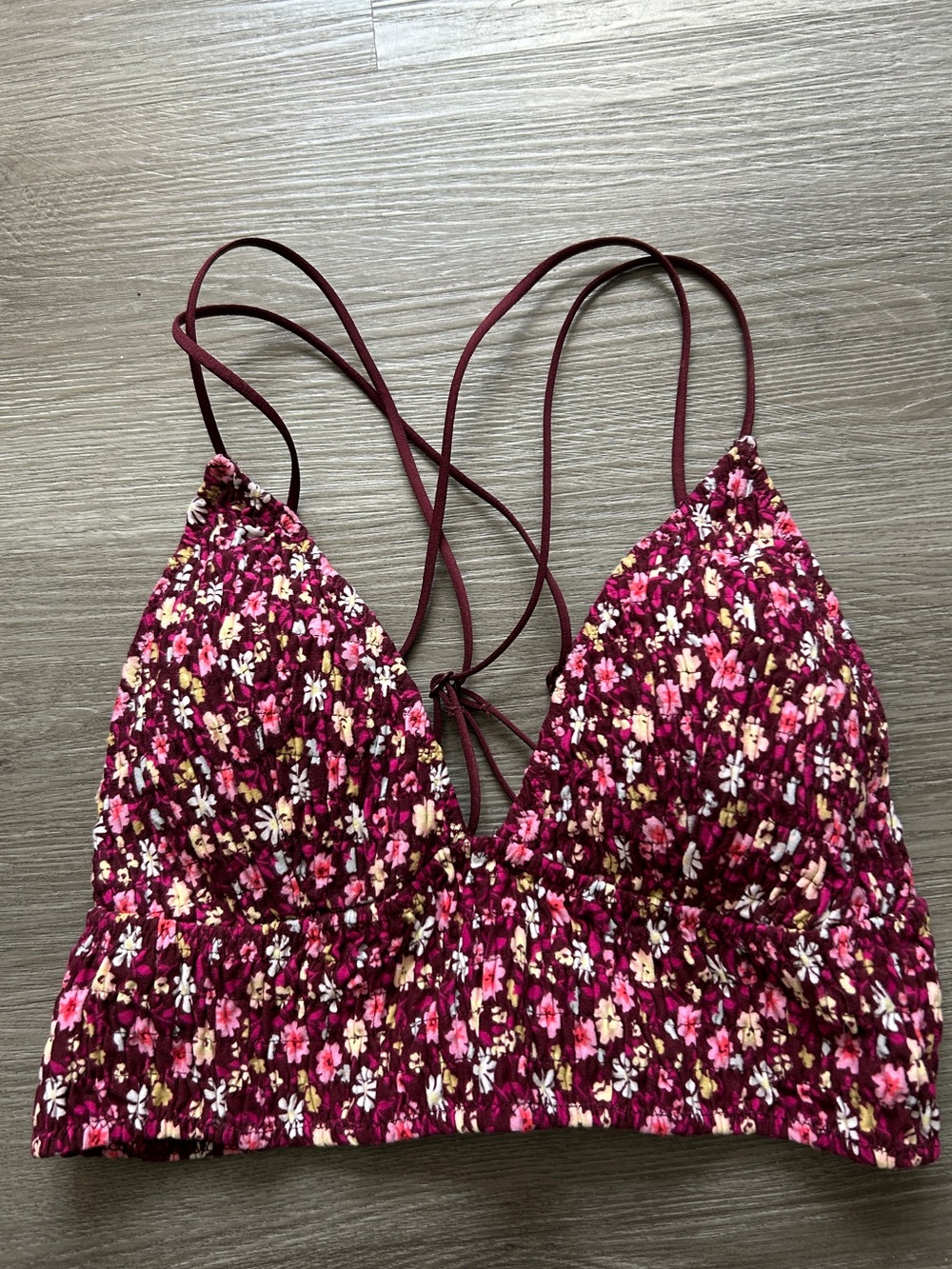 PINK Victorias Secret Maroon smocked Bralette Sz M Burgundy Floral Lace Bra top